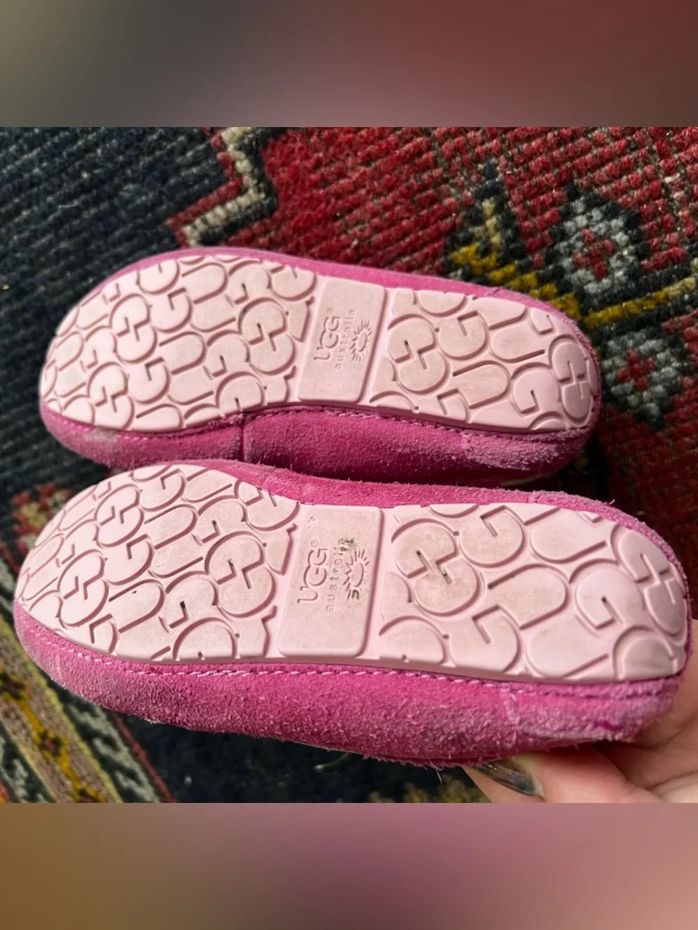 UGG Kids Fuchsia Suede Moccasin Slippers with Bow, Size 11